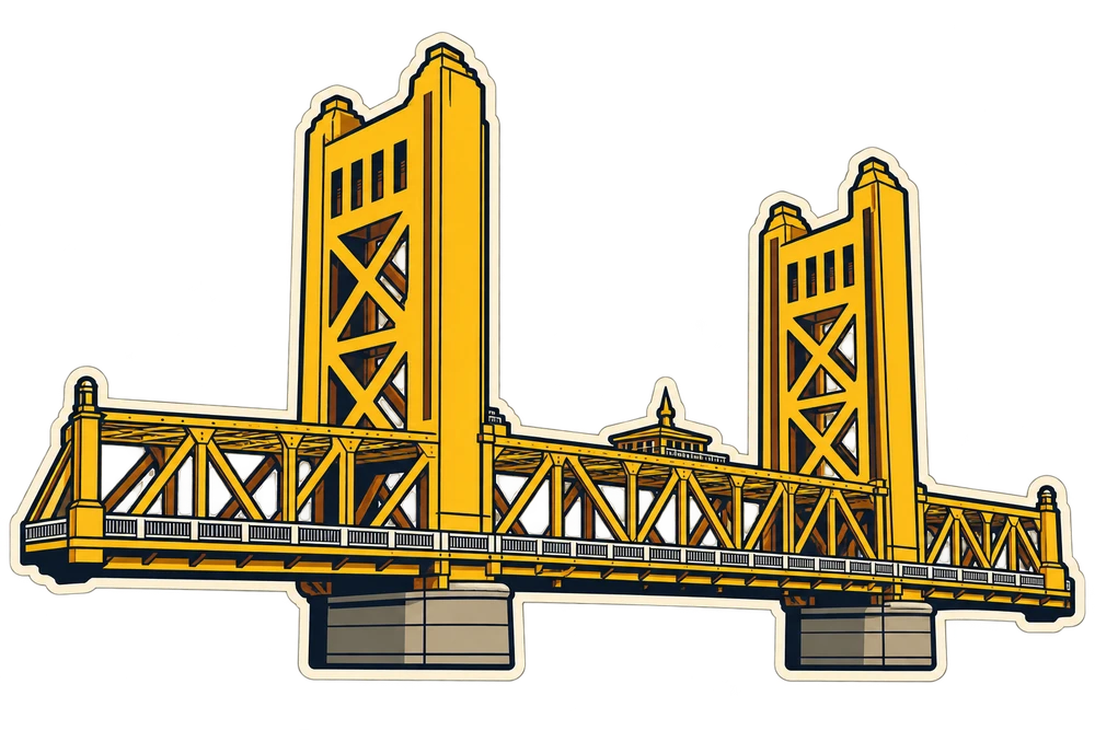 Golden Tower Bridge illustrated as a cream-edged cutout, with its two Art Deco lift towers and steel truss roadway.
